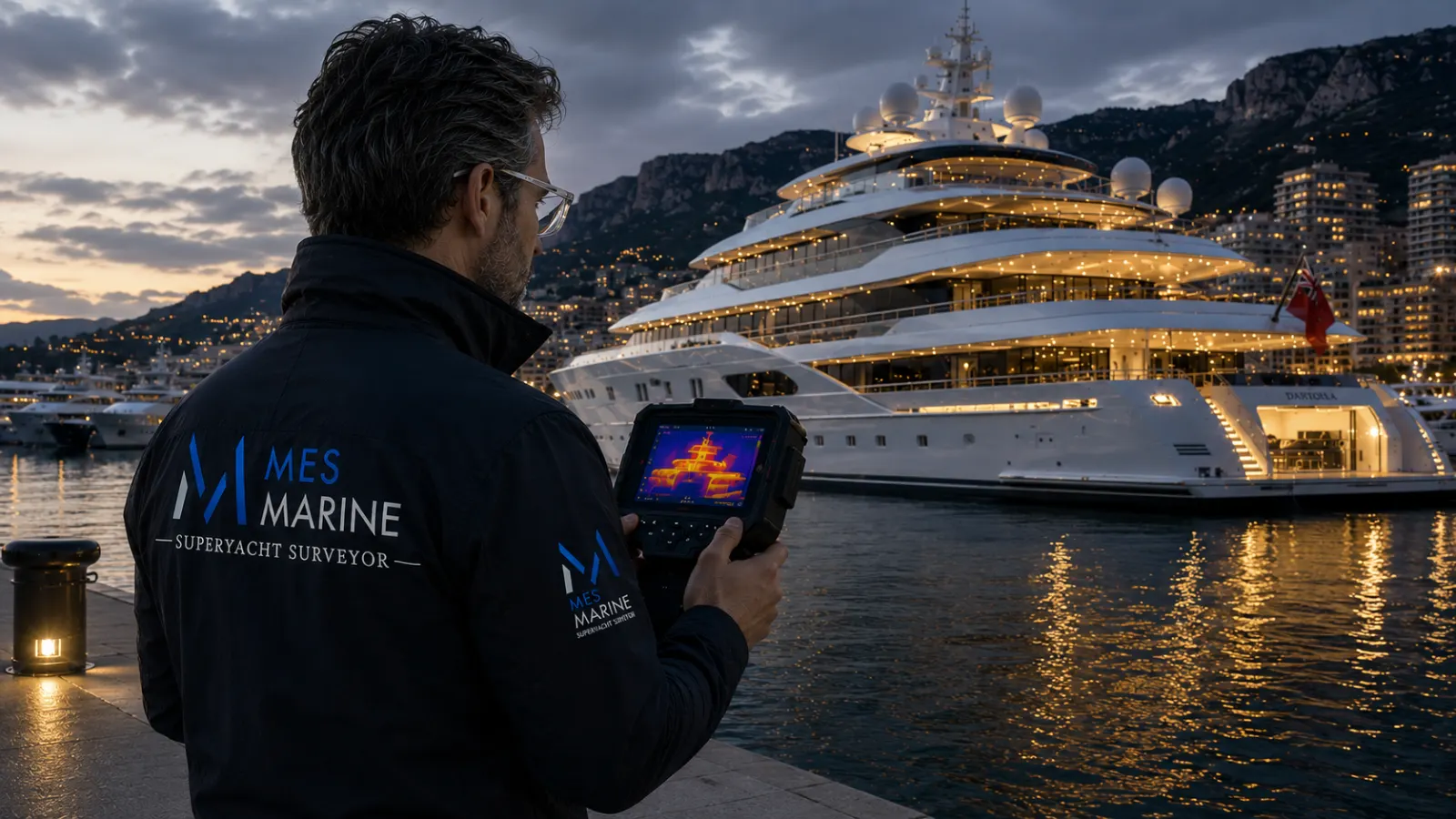 Independent superyacht survey and yacht surveyor inspecting a yacht in harbour