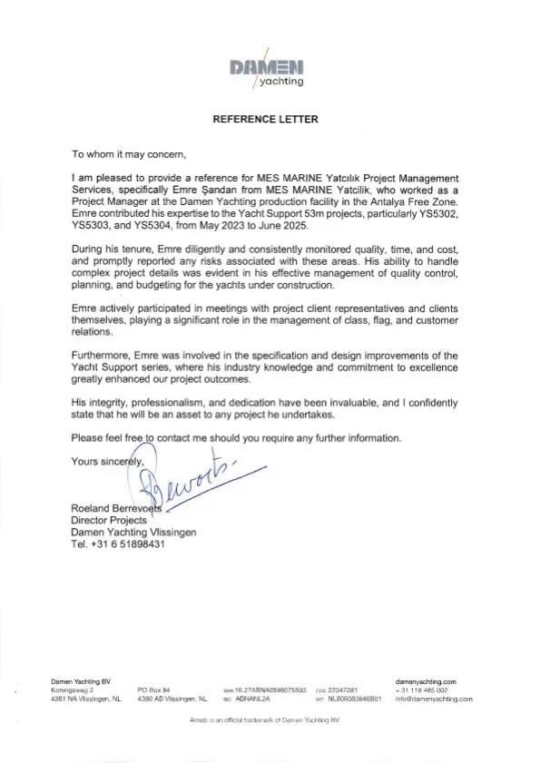 Damen Yachting reference letter for MES MARINE — Emre Şandan, Project Management Services