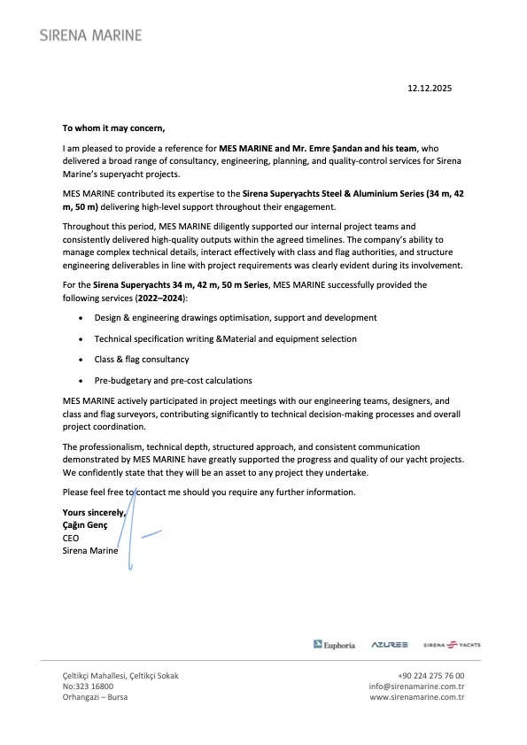 Sirena Marine reference letter for MES MARINE — Emre Şandan, superyacht consultancy & engineering services
