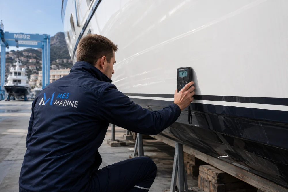 Yacht moisture inspection and osmosis survey with moisture meter