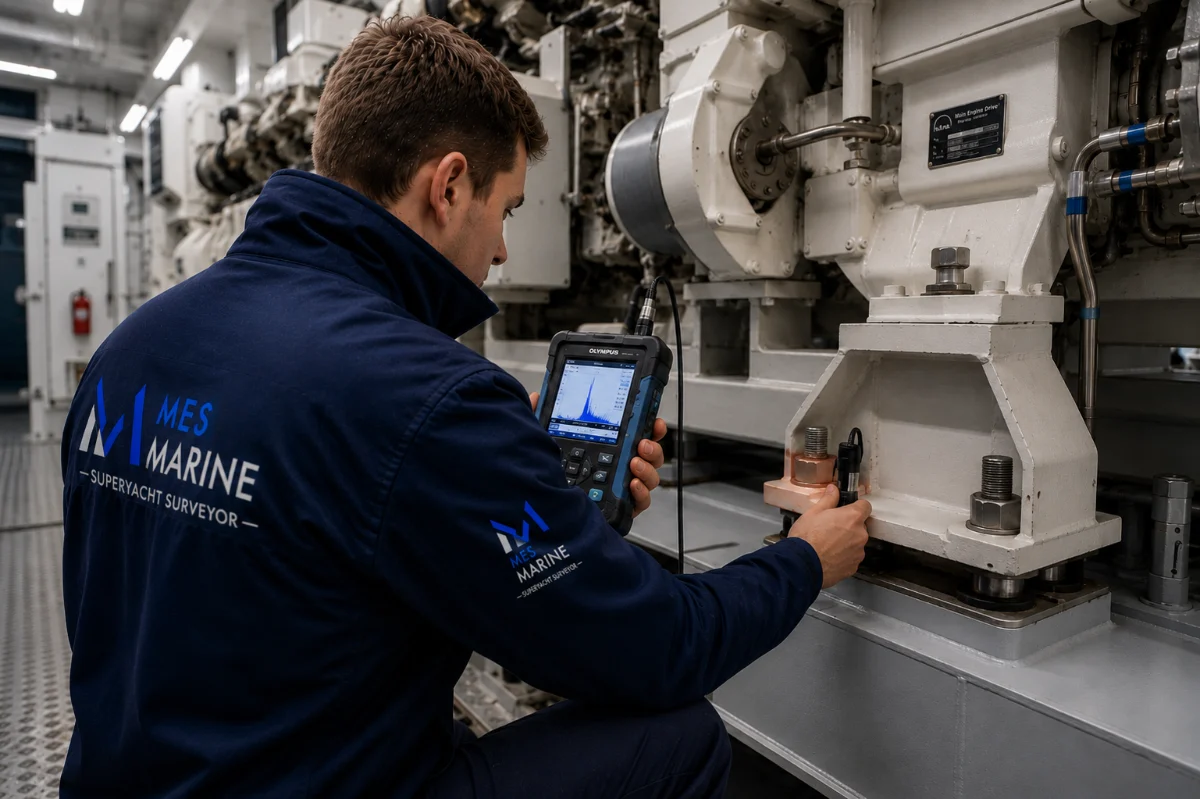 Superyacht surveyor performing vibration analysis on board